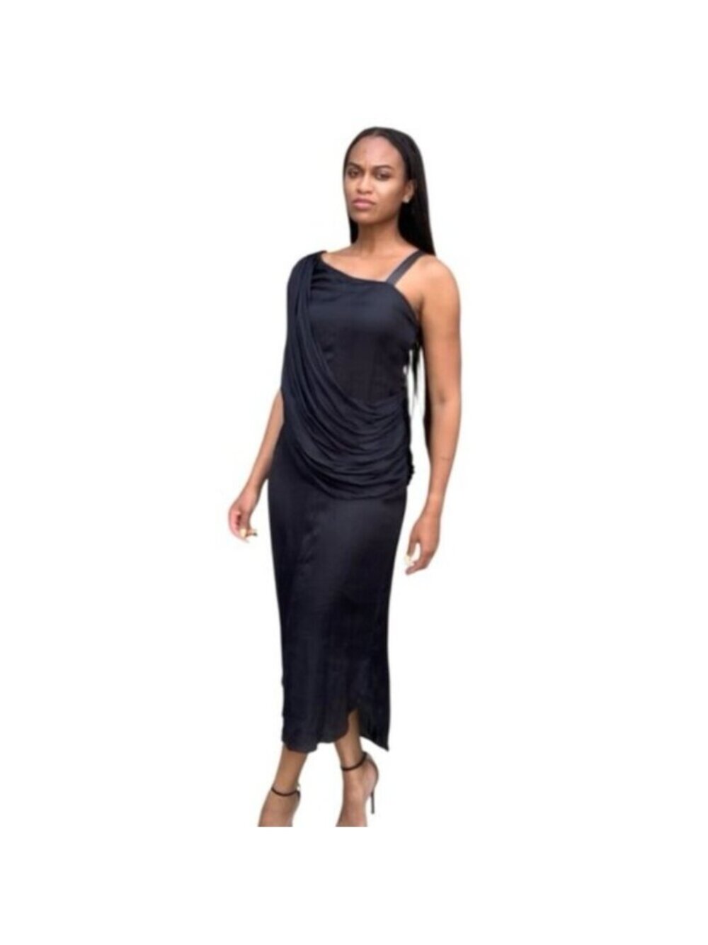 Nicholas K Black One-Shoulder Draped Satin Midi Dress - Picture 17 of 17